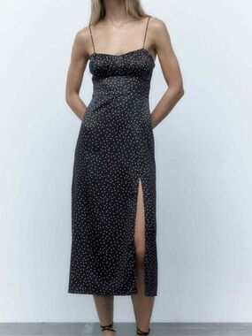 Zara Sz S Black Satin Polka Dots Feminine Midi Dress